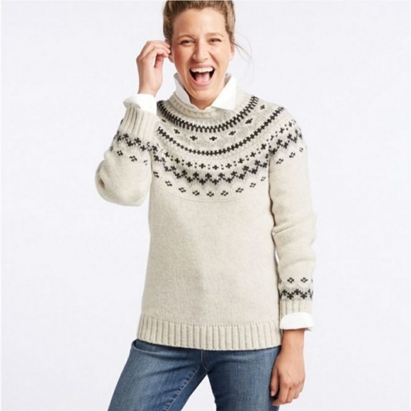 L.L. Bean Sweaters - L.L. Bean Classic Ragg Wool Sweater Fair Isle Crewneck in Cream